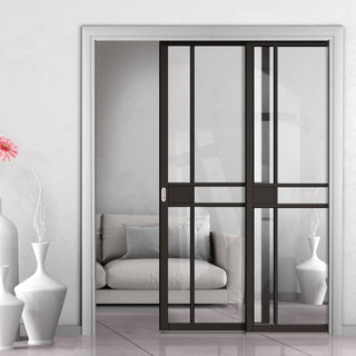 Image: Greenwich Black Painted Staffetta Twin Telescopic Pocket Doors - Clear Glass - Prefinished