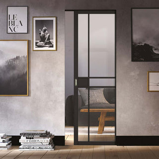 Image: Greenwich Black Primed Absolute Evokit Single Pocket Door - Clear Glass