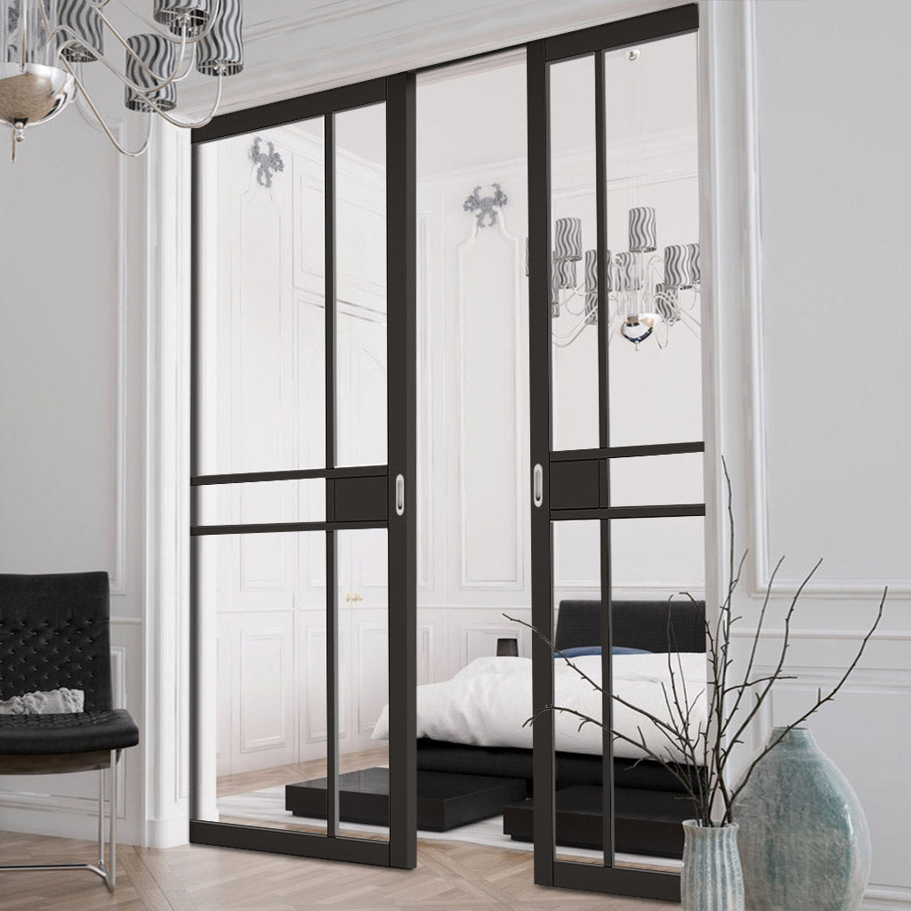 Greenwich Black Primed Double Evokit Pocket Door - Clear Glass