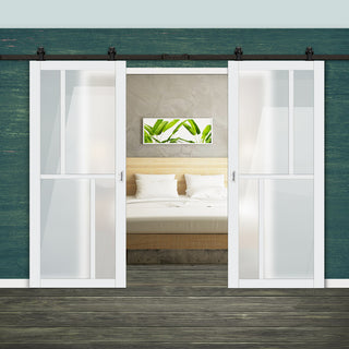 Image: Top Mounted Black Sliding Track & Solid Wood Double Doors - Eco-Urban® Hampton 4 Pane Doors DD6413SG Frosted Glass - Cloud White Premium Primed