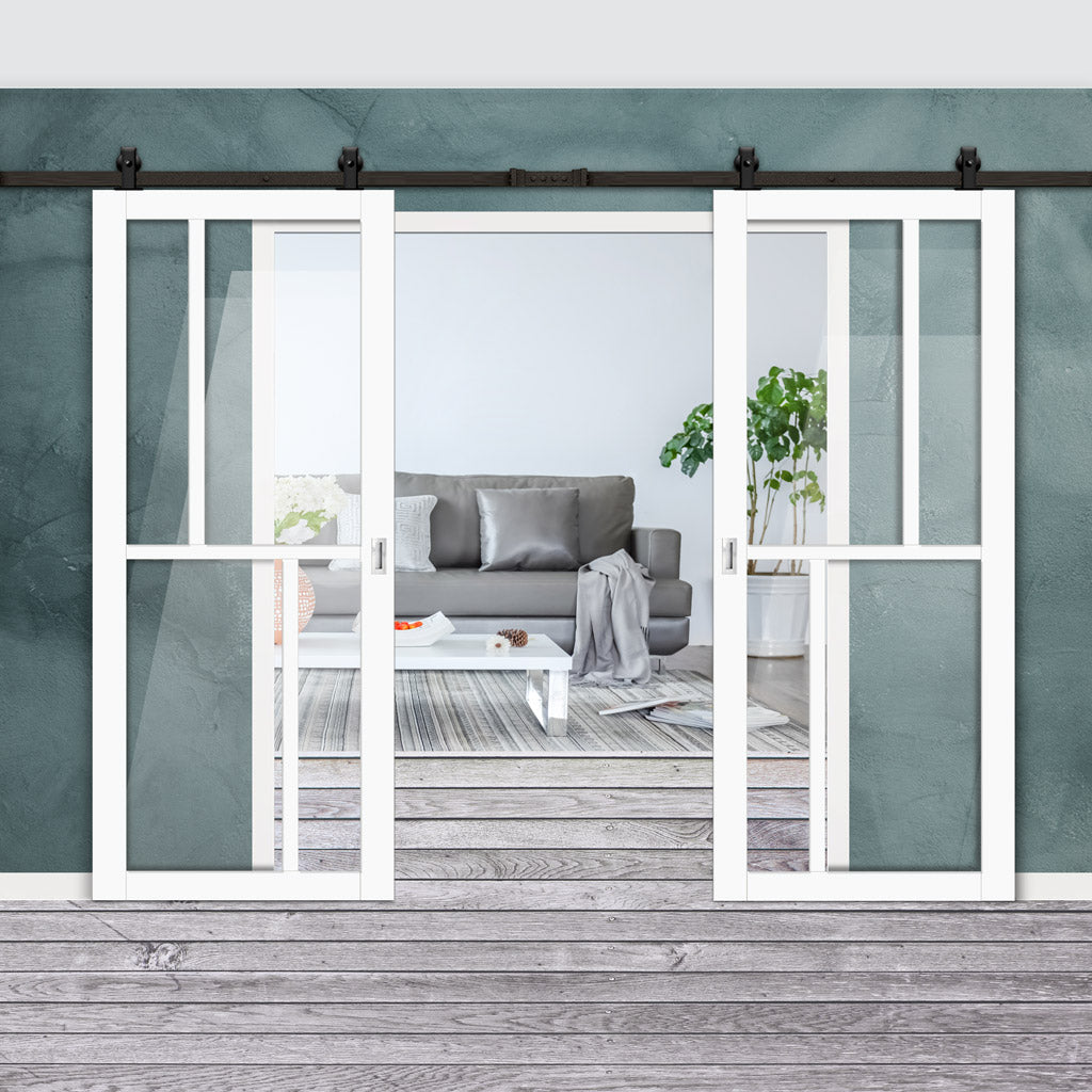 Top Mounted Black Sliding Track & Solid Wood Double Doors - Eco-Urban® Hampton 4 Pane Doors DD6413G Clear Glass - Cloud White Premium Primed