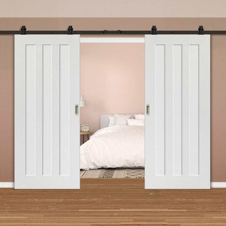 Image: Top Mounted Black Sliding Track & Double Door - Idaho 3 Panel Doors - White Primed