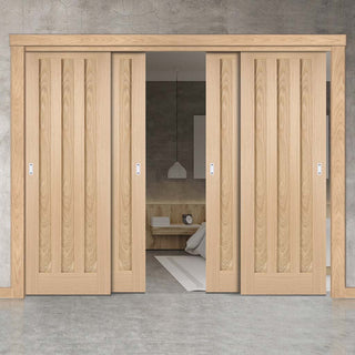 Image: Four Sliding Doors and Frame Kit - Idaho 3 Panel Oak Door - Prefinished
