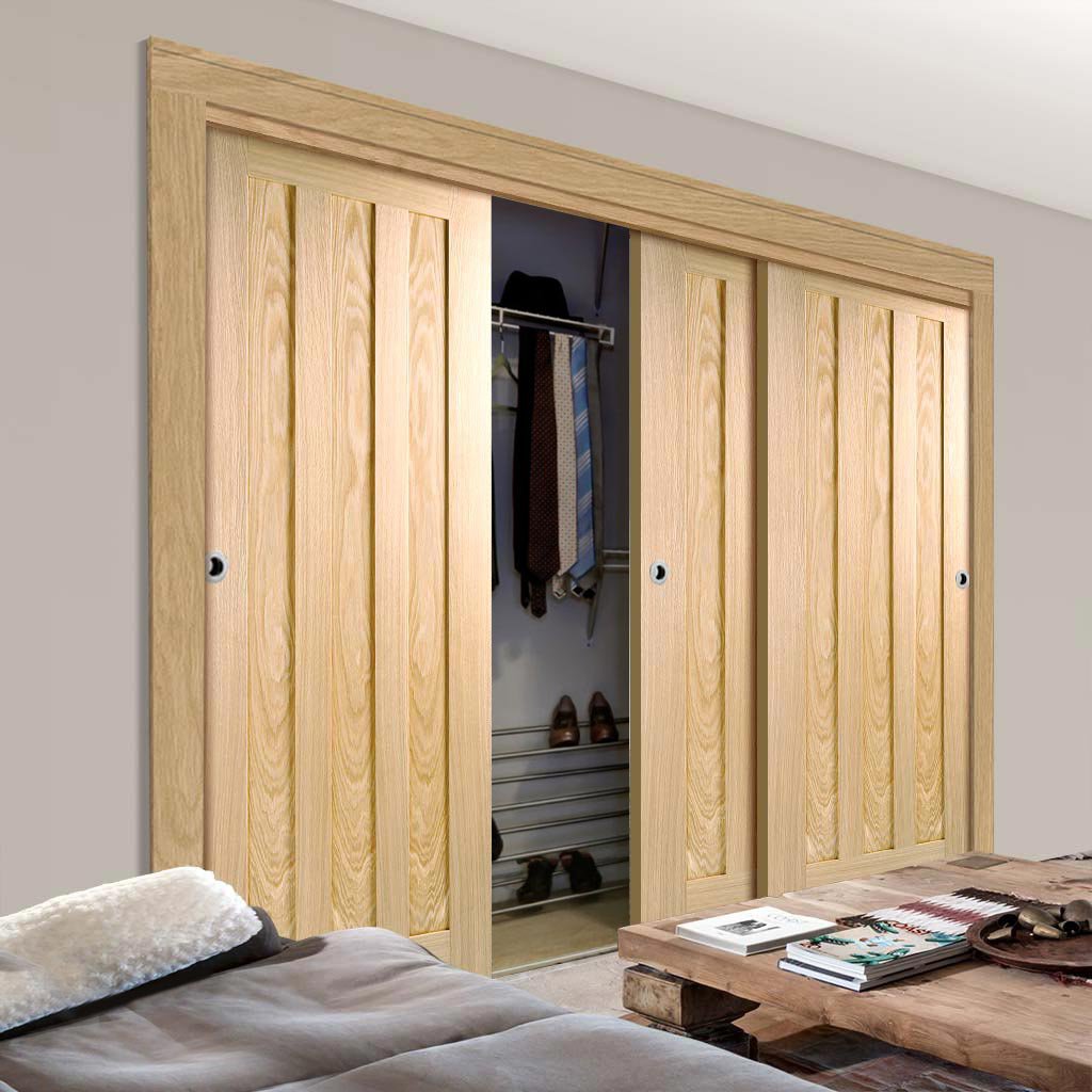 Three Sliding Wardrobe Doors & Frame Kit - Idaho 3 Panel Oak Door - Prefinished