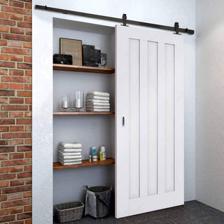 Image: Top Mounted Black Sliding Track & Door - Idaho 3 Panel Door - White Primed