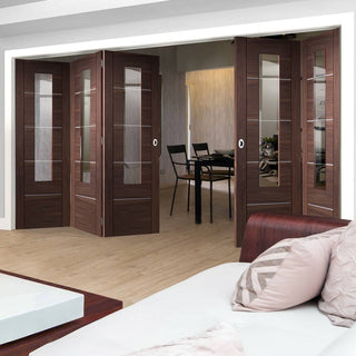 Image: Bespoke Thrufold Portici Walnut Glazed Folding 3+2 Door - Aluminium Inlay - Prefinished