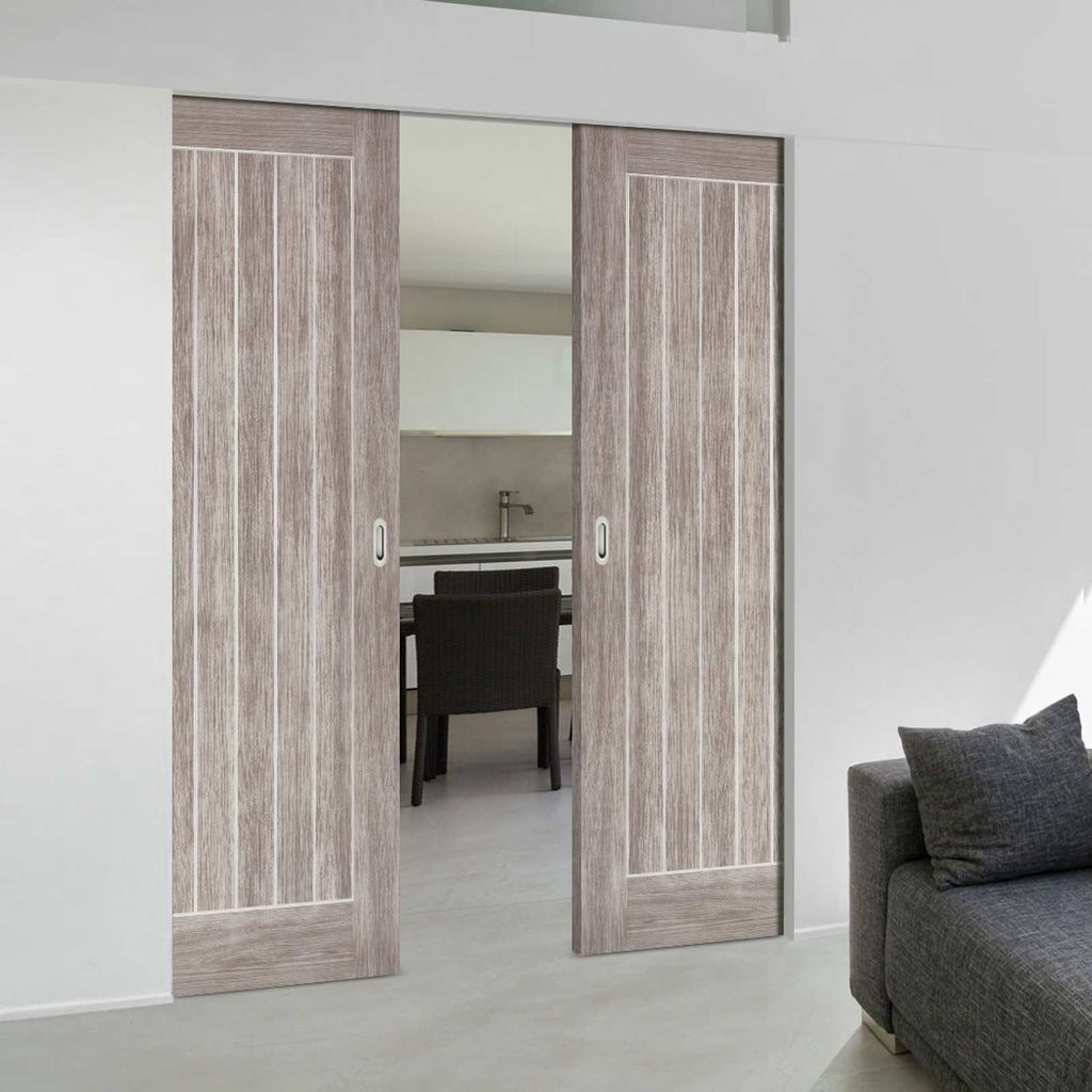 Laminate Mexicano Light Grey Absolute Evokit Double Pocket Doors - Prefinished