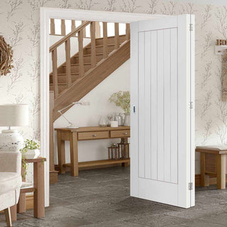 Image: Bespoke Thrufold Suffolk Flush White Primed Folding 2+0 Door