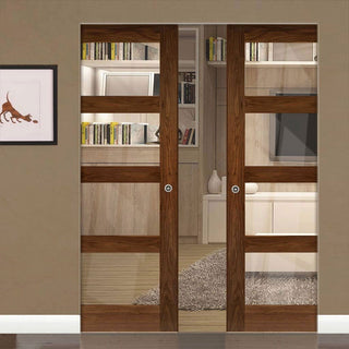 Image: Coventry Walnut Shaker Style Absolute Evokit Double Pocket Doors - Clear Glass - Prefinished