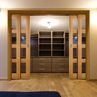 Image: Coventry Shaker Style Oak Veneer Staffetta Quad Telescopic Pocket Doors - Clear Glass - Unfinished