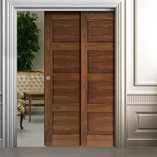 Image: Coventry Walnut Veneer Shaker Style Staffetta Twin Telescopic Pocket Doors - Prefinished