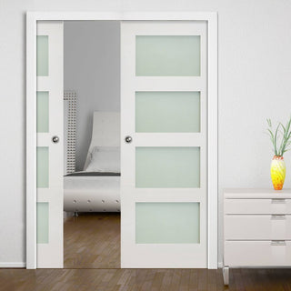 Image: Coventry Shaker Double Evokit Pocket Doors - Frosted Glass - White Primed