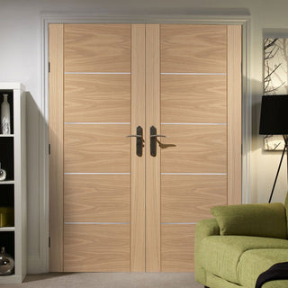 Image: Portici Oak Flush Door Pair - Aluminium Inlay - Prefinished