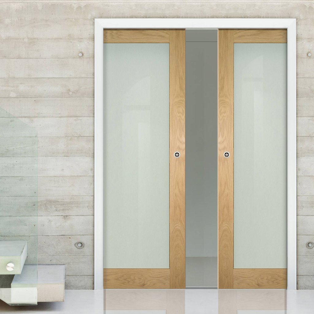Walden Real American Oak Veneer Double Evokit Pocket Doors - Frosted Glass - Unfinished