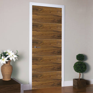 Image: J B Kind Walnut Lara Fire Door with Horizontal Grooves - 1/2 Hour Fire Rated - Prefinished