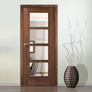 Image: Vancouver Walnut 4 Pane Fire Door - Clear Glass - 1/2 Hour Fire Rated - Prefinished