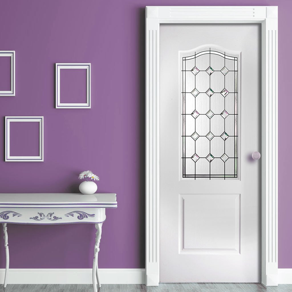 White PVC classic door with grained faces diamond sparkle style toughened glass