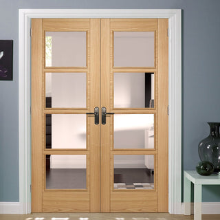 Image: Vancouver Oak 4 Pane Door Pair - Clear Glass - Prefinished