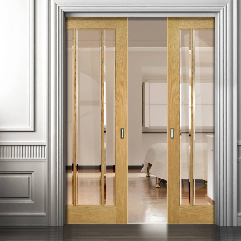 Norwich Real American Oak Veneer Double Evokit Pocket Doors - Clear Bevelled Glass - Unfinished