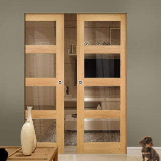 Image: Coventry Shaker Style Oak Absolute Evokit Double Pocket Doors - Clear Glass - Unfinished