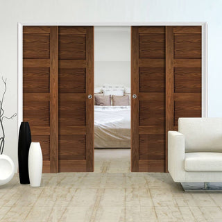 Image: Coventry Walnut Veneer Shaker Style Staffetta Quad Telescopic Pocket Doors - Prefinished