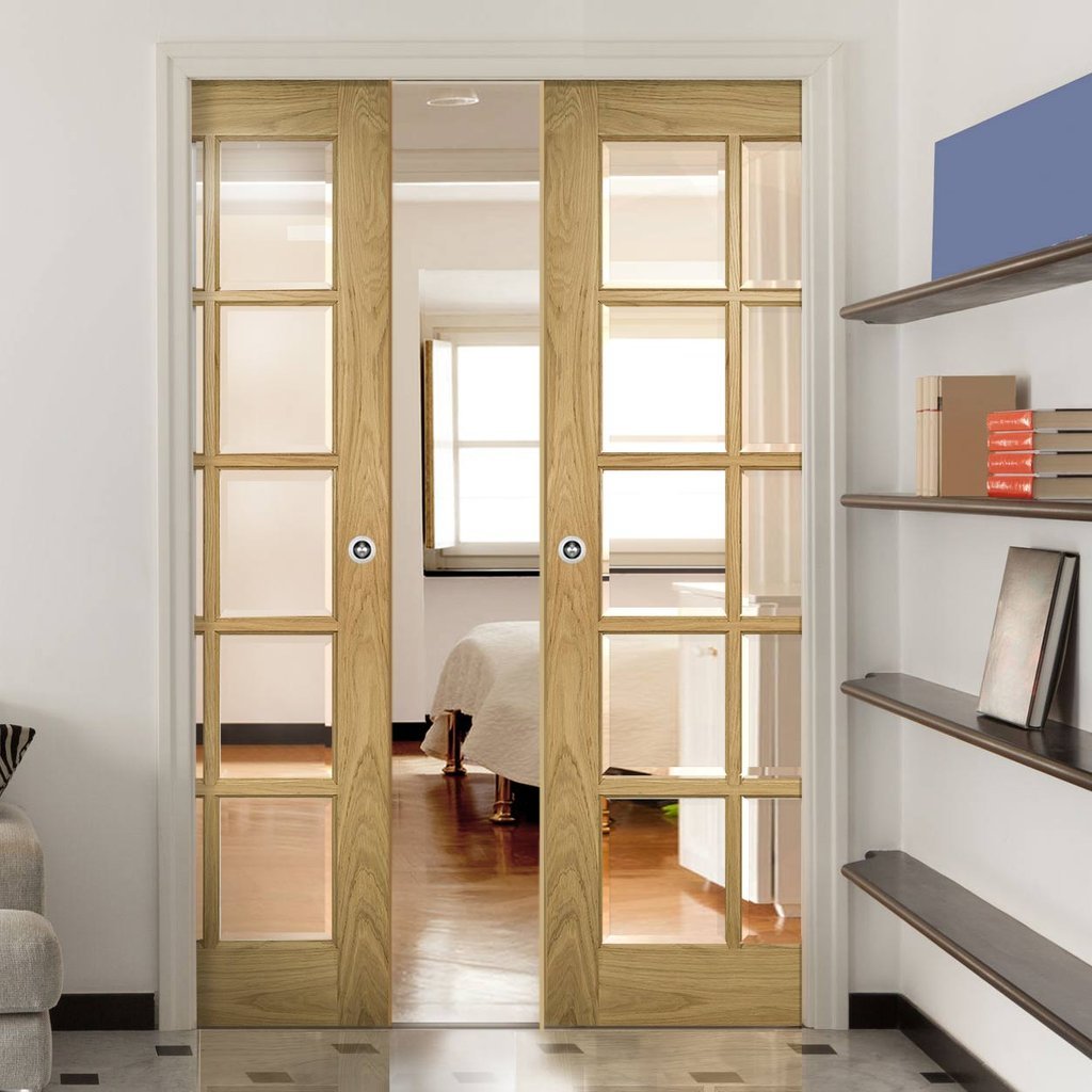 Bristol Oak Double Evokit Pocket Doors - 10 Pane Clear Bevelled Glass - Unfinished