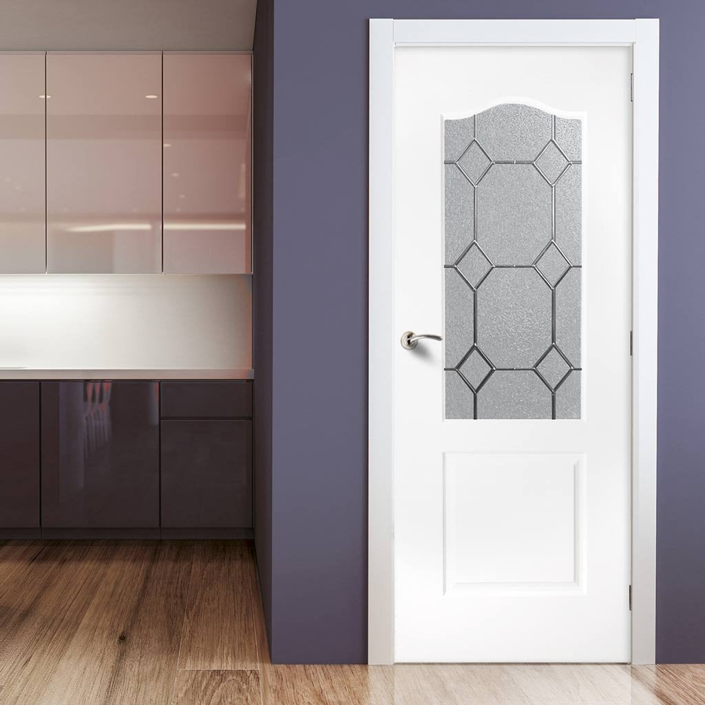 White PVC classic door with grained faces queen anne style toughened glass