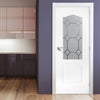 White PVC classic door with grained faces queen anne style toughened glass 