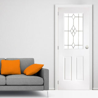 Image: White PVC eldon door with grained faces starburst style toughened glass