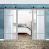 Top Mounted Black Sliding Track & Solid Wood Double Doors - Eco-Urban® Jura 5 Pane 1 Panel Doors DD6431SG Frosted Glass - Mist Grey Premium Primed
