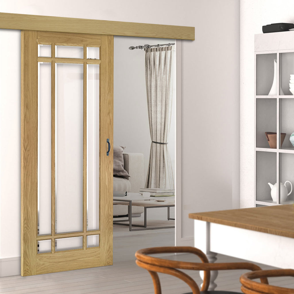 Single Sliding Door & Wall Track Kerry Oak Door Bevelled Clear Gla