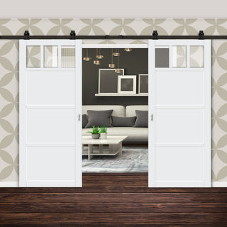 Image: Top Mounted Black Sliding Track & Solid Wood Double Doors - Eco-Urban® Lagos 3 Pane 3 Panel Doors DD6427G Clear Glass - Cloud White Premium Primed