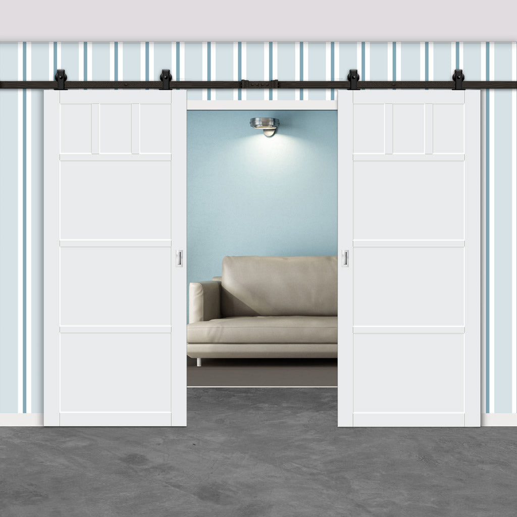 Top Mounted Black Sliding Track & Solid Wood Double Doors - Eco-Urban® Lagos 6 Panel Doors DD6427 - Cloud White Premium Primed