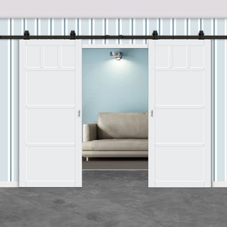 Image: Top Mounted Black Sliding Track & Solid Wood Double Doors - Eco-Urban® Lagos 6 Panel Doors DD6427 - Cloud White Premium Primed