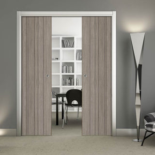 Image: Laminate Montreal Light Grey Double Evokit Pocket Doors - Prefinished