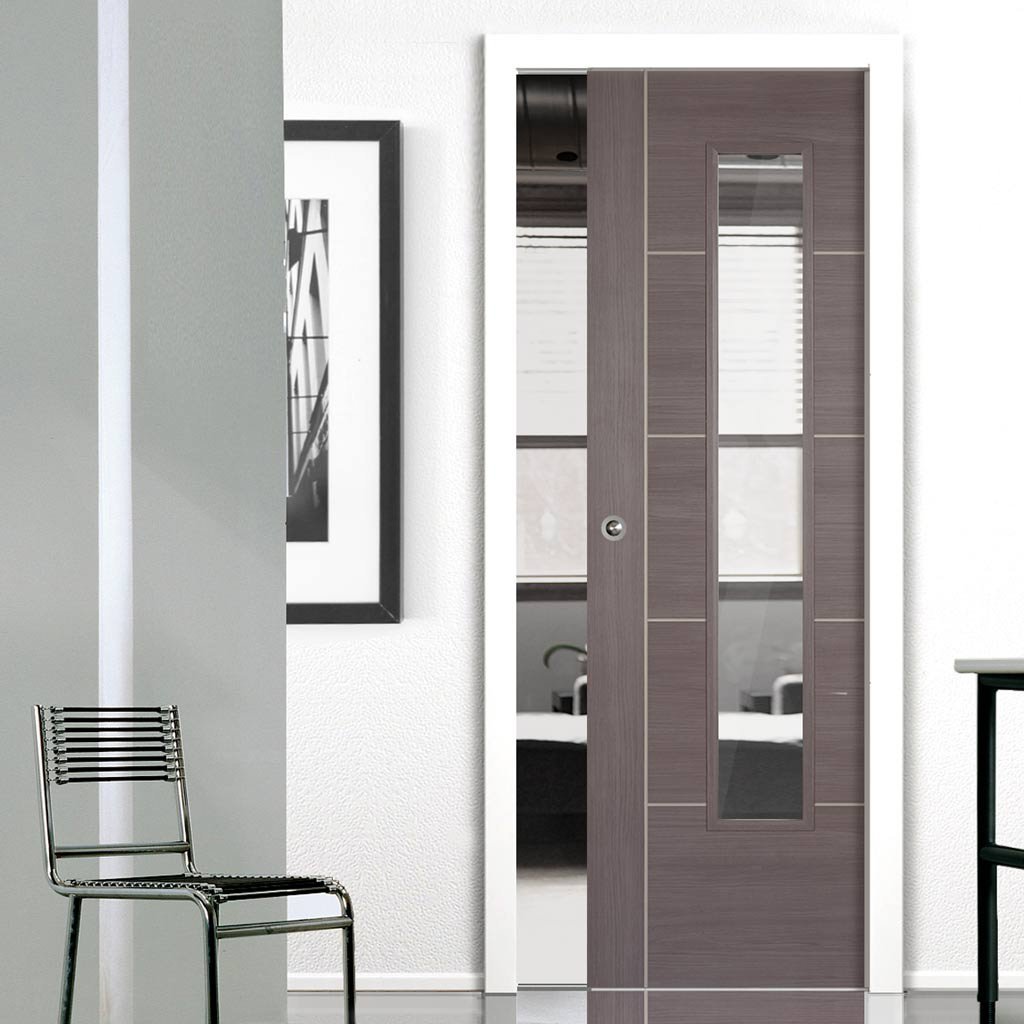 Laminate Vancouver Medium Grey Single Evokit Pocket Door - Clear Glass - Prefinished