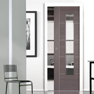 Image: Laminate Vancouver Medium Grey Single Evokit Pocket Door - Clear Glass - Prefinished