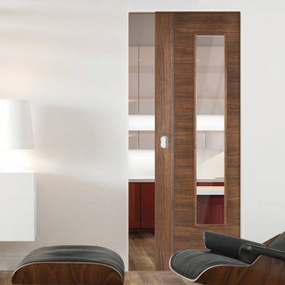 Image: Laminate Vancouver Walnut Single Evokit Pocket Door - Clear Glass - Prefinished