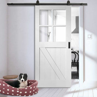 Image: Top Mounted Black Sliding Track & Door - Frame Ledged and Braced Cottage with Clear Glass - White Primed