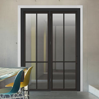 Image: ThruEasi Room Divider - Liberty 4 Pane Black Primed Clear Glass Unfinished Door with Single Side