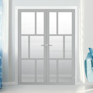 Image: Eco-Urban Milan 6 Pane Solid Wood Internal Door Pair UK Made DD6422G Clear Glass  - Eco-Urban® Mist Grey Premium Primed