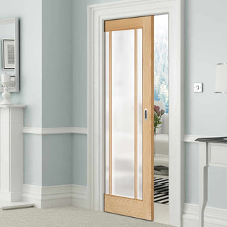 Image: Lincoln Glazed Oak Single Evokit Pocket Door - Frosted Glass