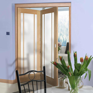 Image: Two Folding Doors & Frame Kit - Lincoln 3 Pane Oak 2+0 - Frosted Glass - Unfinished