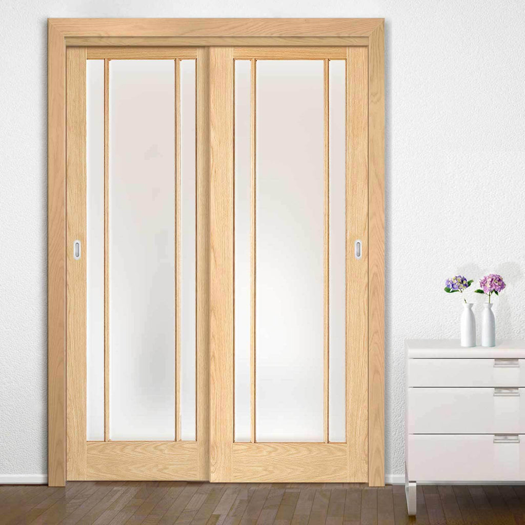 Minimalist Wardrobe Door & Frame Kit - Two Lincoln Glazed Oak Doors - Frosted Glass - Unfinished
