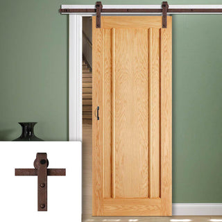 Image: Single Sliding Door & Straight Antique Rust Track - Lincoln 3 Panel Oak Door - Unfinished