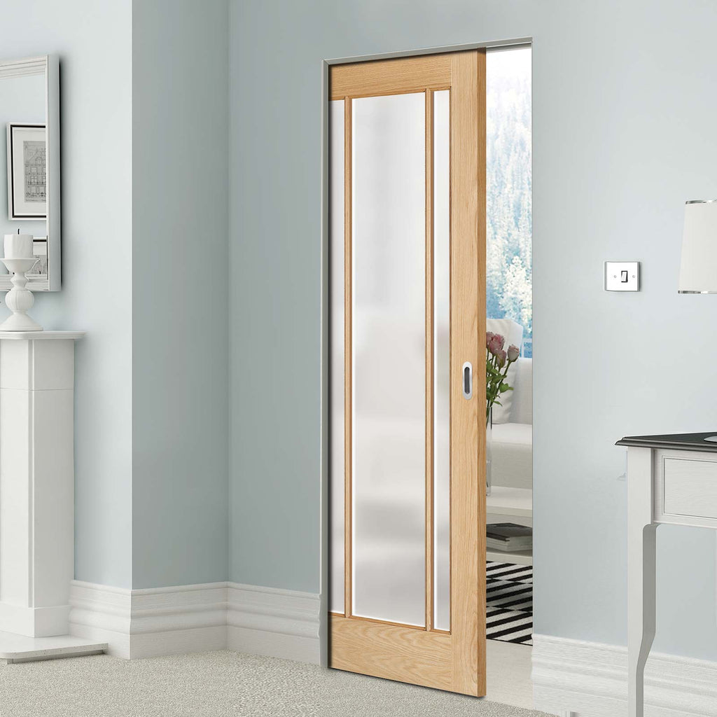 Lincoln Glazed Oak Absolute Evokit Single Pocket Doors - Frosted Glass - Unfinished