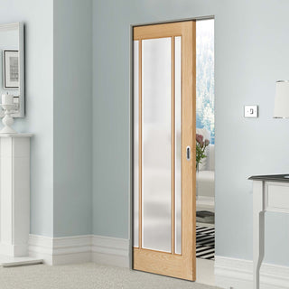 Image: Lincoln Glazed Oak Absolute Evokit Single Pocket Doors - Frosted Glass - Unfinished