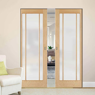 Image: Lincoln Glazed Oak Absolute Evokit Double Pocket Doors - Frosted Glass - Unfinished