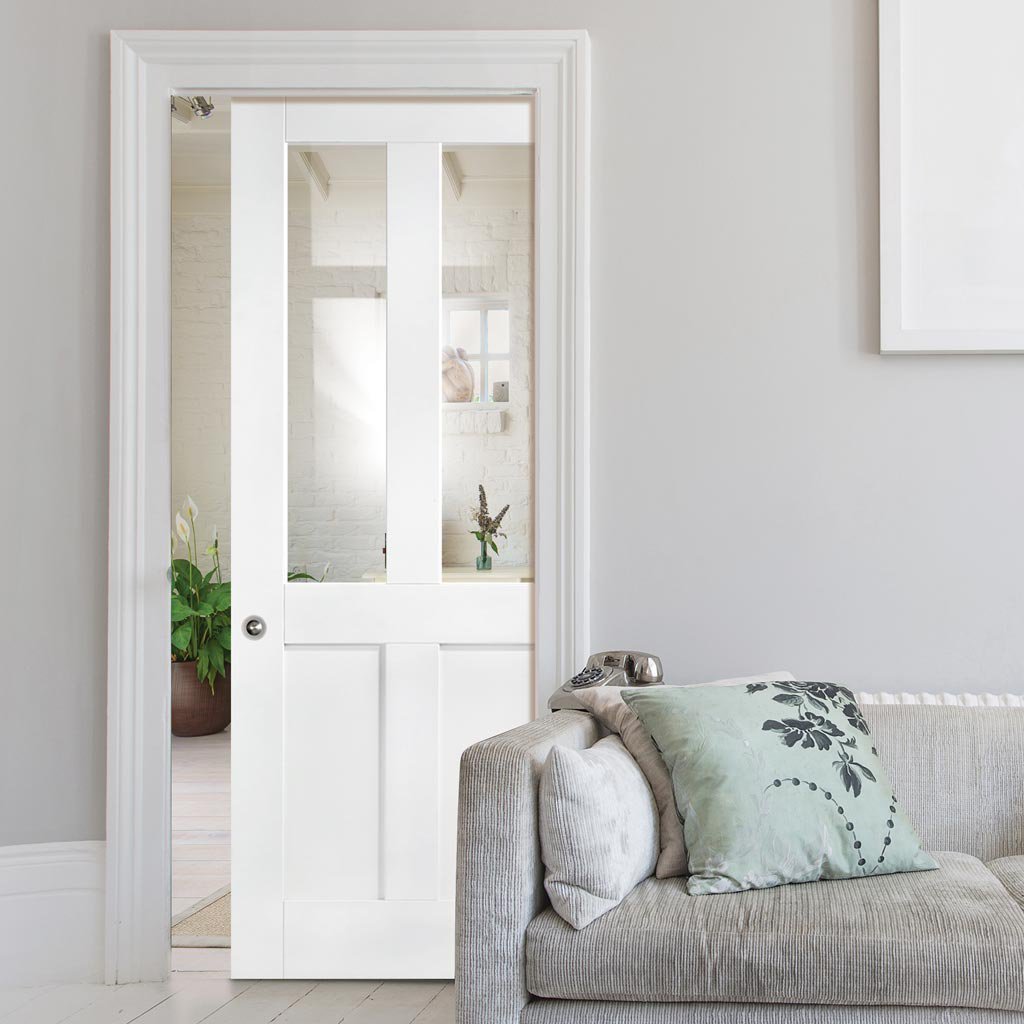 London Single Evokit Pocket Door - Clear Glass - White Primed