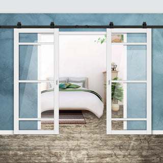 Image: Top Mounted Black Sliding Track & Solid Wood Double Doors - Eco-Urban® Malvan 4 Pane Doors DD6414G Clear Glass - Cloud White Premium Primed